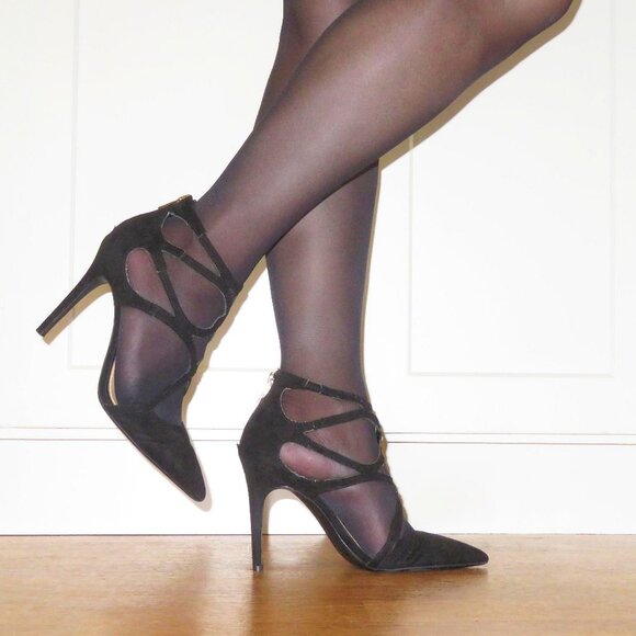USED Jessica Simpson Pamira Black Caged Stiletto Suede Pump Strappy Heels US 8.5 - Picture 1 of 15